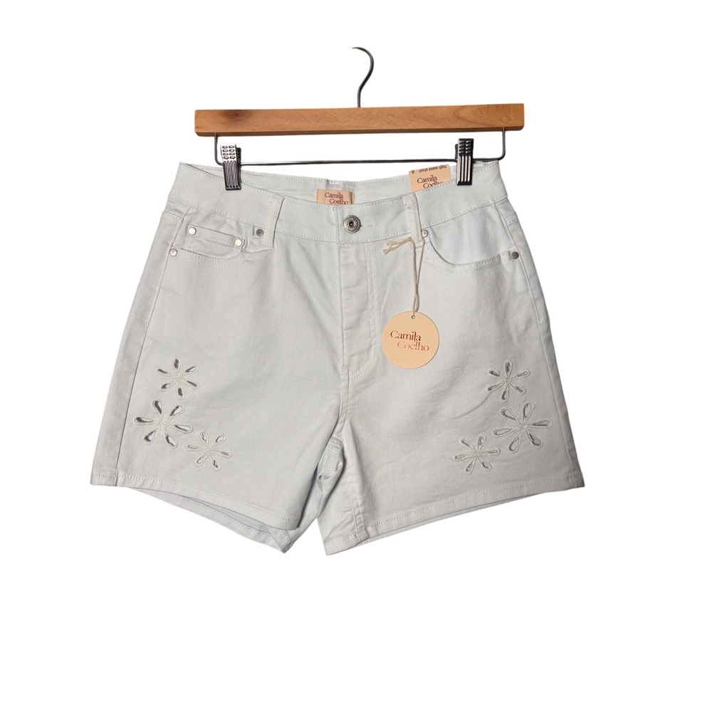 Camila Coelho Womens High‎ Waist Jean Shorts 6 White Floral Eyelet Denim Boho